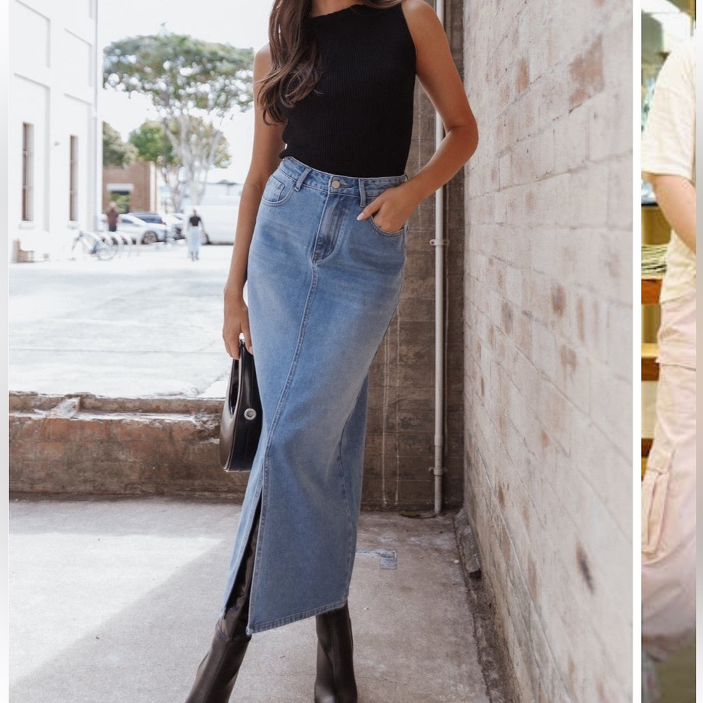 Petal & Pup Blue Denim Maxi Skirt with Front Slit